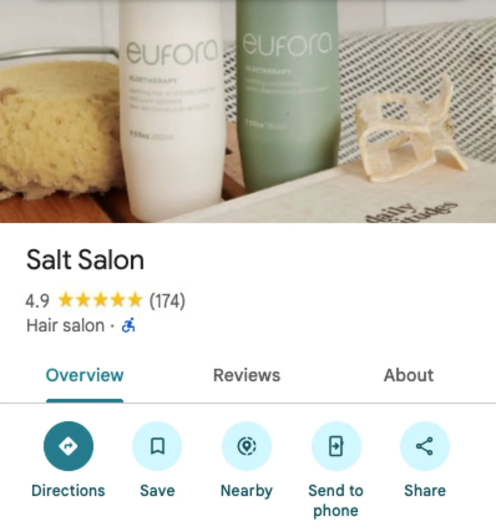 Salt Salon's Google Business Profile after Fynd: 4.9 stars from 174 reviews.