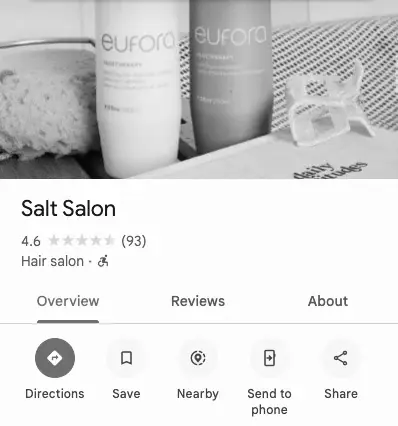 Salt Salon's Google Business Profile before Fynd: 4.6 stars from 93 reviews.
